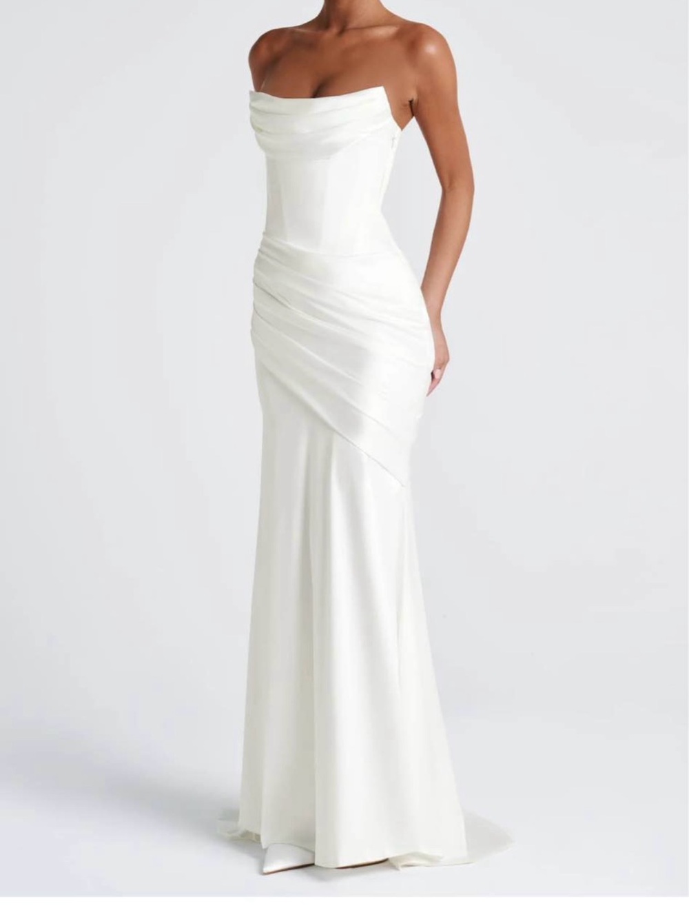 Strapless White Draped Evening Dress